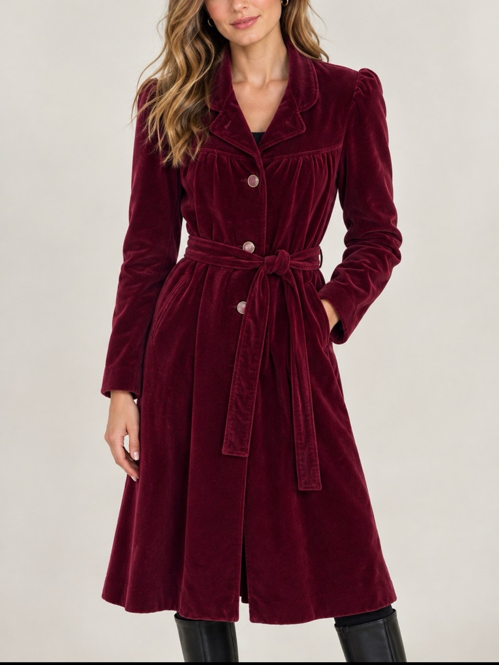 Vintage retro Velvet Tie-Waist Midi Dress in Burgundy